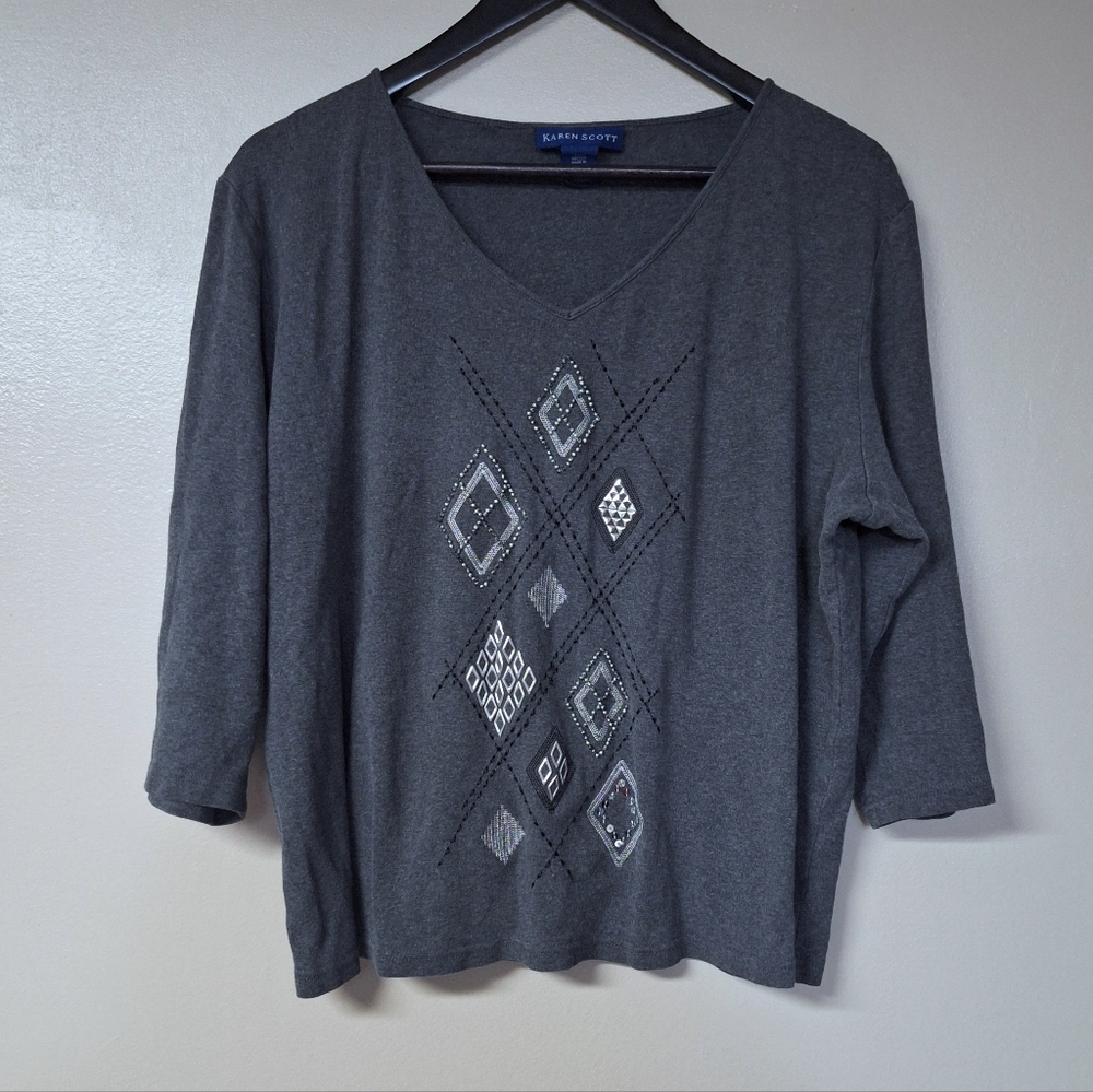 Karen Scott Argyle V-Neck T-Shirt Beaded Embelishment 3/4 Sleeve Stretch Gray XL